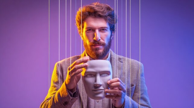 The mask behind the machine: navigating identity in a digital age. Experimental photography. The intricacies of facial tech: man with mask in cybernetic patterns. Strange beauty.