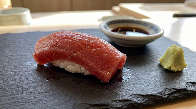 International Sushi Day tuna nigiri black slate wasabi soy sauce for holiday food celebration culinary promotional restaurant menu design