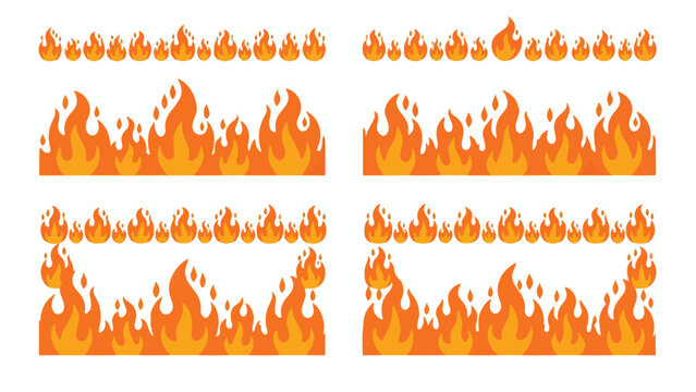 Cartoon fire flame borders, orange burning heat frames, flat vector fire elements set for hot deals and summer sale graphics