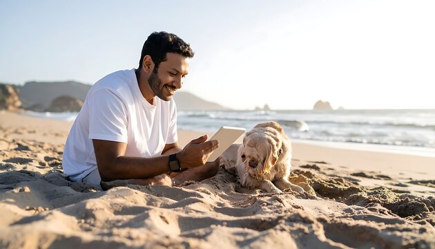 A man and dog on a beach