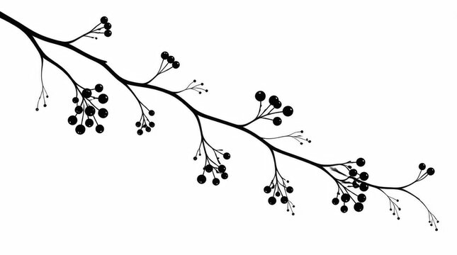 Minimalist black silhouette of a tree branch with berries on a white background.