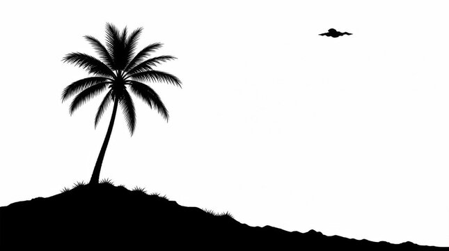 Minimalist black silhouette of a palm tree on a hill.