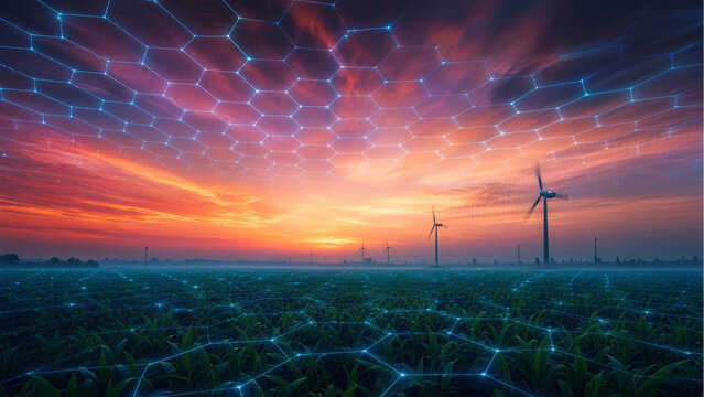 Digital Grid Over Wind Turbines at Sunset: An artistic representation of a digital network overlaying a field of wind turbines during a vibrant sunset.
