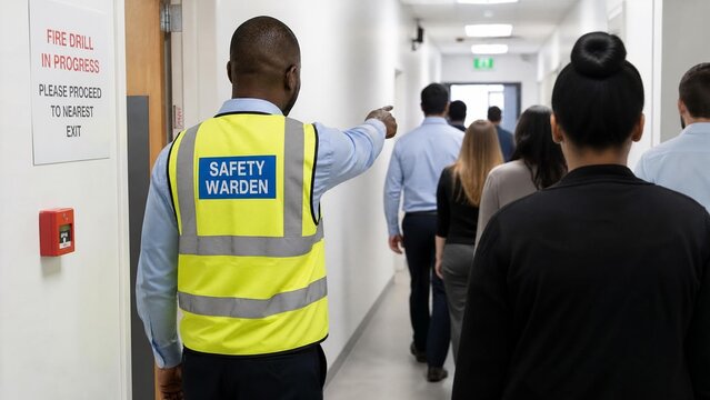 Safety Warden Directing Office Workers During Fire Drill Evacuation