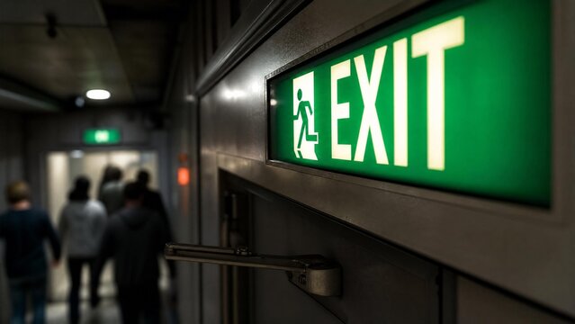 Glowing Green Emergency Exit Sign in Dark Building Corridor with Blurred People