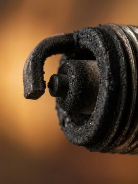 Extreme Macro Close-Up of Heavily Carbon-Fouled Spark Plug Electrode Against Amber Background