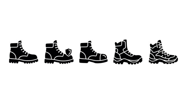 Five different types of work boots are displayed in a row as black silhouette icons, representing various styles of protective and durable footwear.