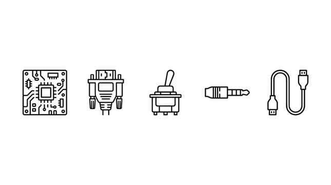 Electronic components connectors circuit board switch jack cable collection featuring various essential hardware elements for modern technology and computing.