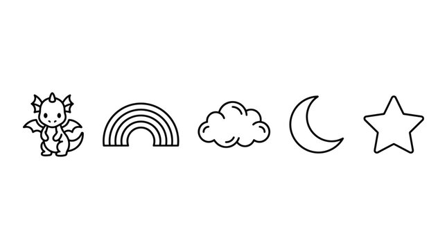 Cute baby dragon rainbow cloud moon star icons illustrate a whimsical collection of fantasy and celestial elements for children's designs.