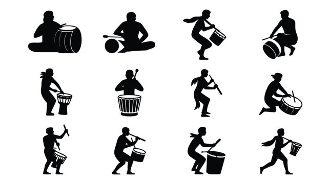 Indigenous people playing drums and cultural musical silhouettes for artistic designs.