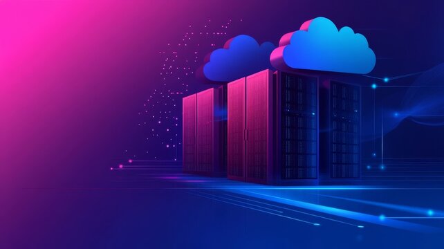 Abstract data center server racks under glowing digital cloud computing network infrastructure concept illustration.