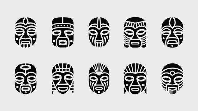 Traditional african masks with ornate geometric patterns silhouette icon set vector design.