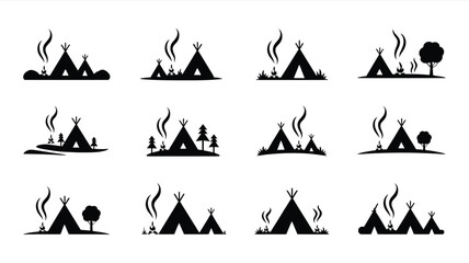 Indigenous camp symbols with teepees and campfires in black silhouette style set on white. © Antu