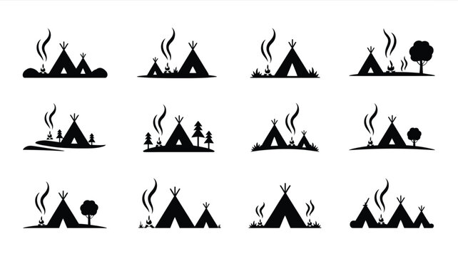 Indigenous camp symbols with teepees and campfires in black silhouette style set on white.