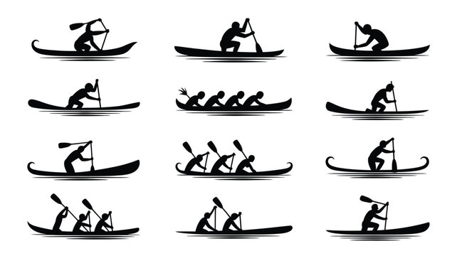 Traditional rowing silhouettes with native people in longboats across water surface pack.