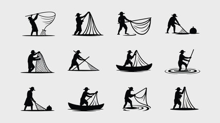 Fisherman silhouettes in various poses with nets casting and pulling catch. © Antu