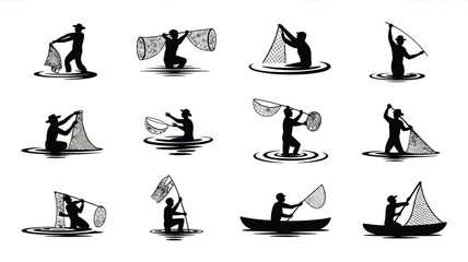 Fisherman with net vector set, silhouette illustration of people fishing on water. © Antu