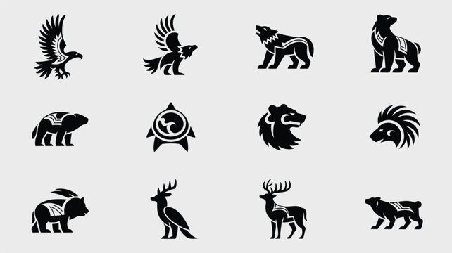 Ancient tribal animal totem icons set with eagle wolf bear and deer in silhouette style.