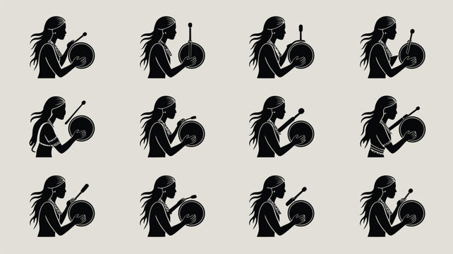 Native woman playing shamanic frame drum silhouette collection in various rhythmic poses.