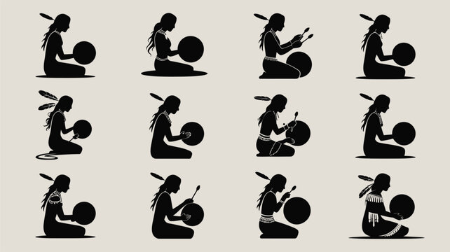 Kneeling indigenous women with shamanic drums collection showing cultural ritual actions.