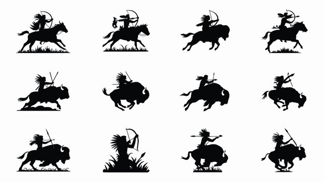 Indigenous hunter on horse and bison silhouette vector, native american hunting wildlife.