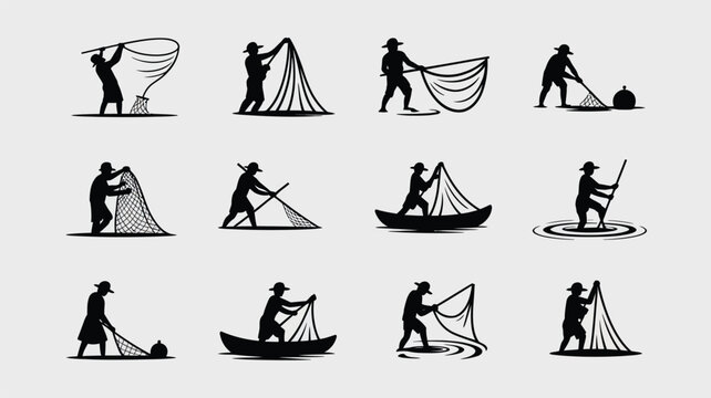 Fisherman silhouettes in various poses with nets casting and pulling catch.