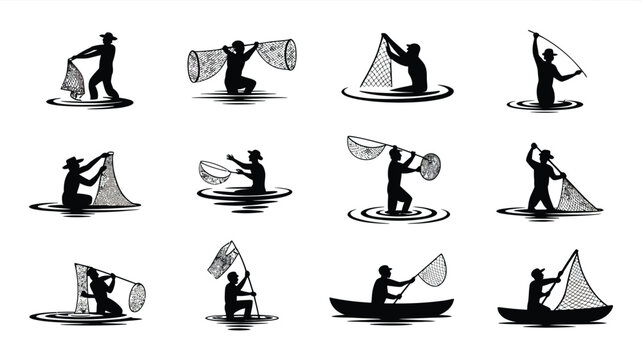 Fisherman with net vector set, silhouette illustration of people fishing on water.