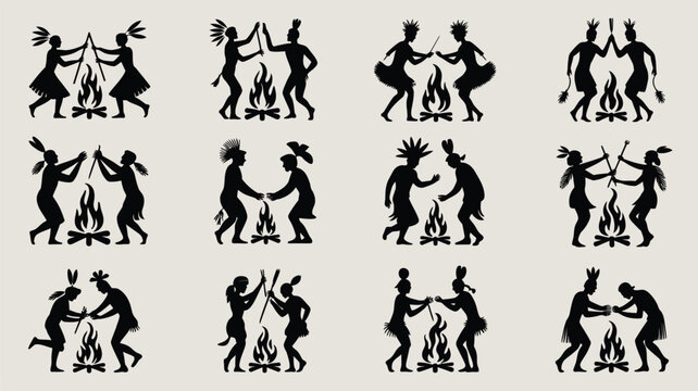 Tribal people gathering around campfire silhouette set showing traditional ritual dancing.