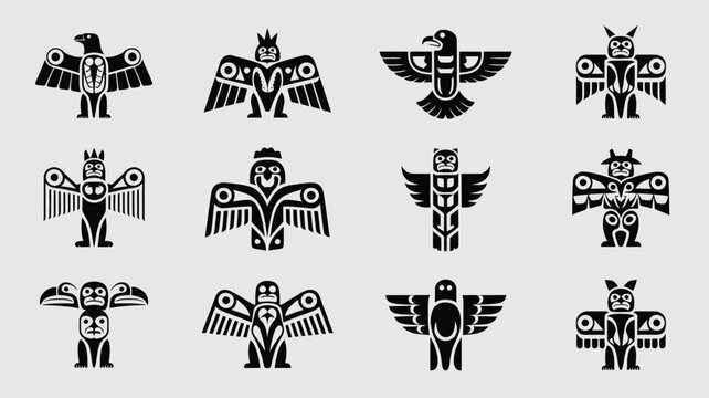 Native american tribal totem poles vector set art symbols.