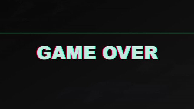 Retro game over screen animation, pixelated error message, 8-bit failure notification, glitchy video game graphic.