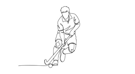 Obraz premium Field hockey player in action, continuous line drawing, dynamic movement, sport illustration