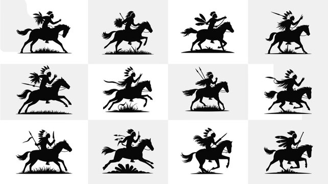 Indigenous warrior on horseback silhouette set running on plains historical tribal scenes.