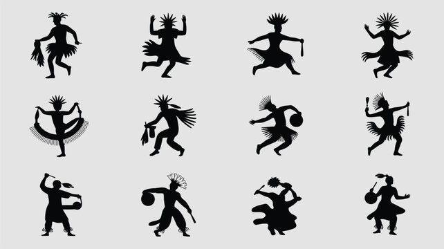 Indigenous tribal dancer silhouette set featuring ceremonial costumes and rhythmic objects.