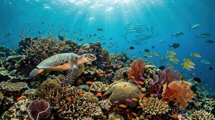 Obraz premium Diver exploring coral reef in the sea with fish and marine life in tropical ocean waters