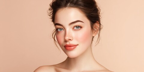 Fototapeta premium Serene Young Woman with Natural Beauty and Minimal Makeup Against Soft Peach Background, Ideal for Wellness and Skincare Concepts