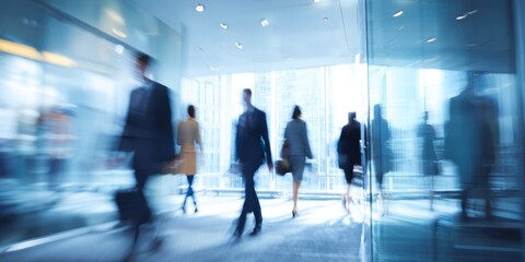 Obraz premium Busy office environment with blurred people walking past glass wall, showing dynamic workplace atmosphere and modern corporate setting