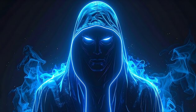 A hooded figure with glowing blue eyes and flames