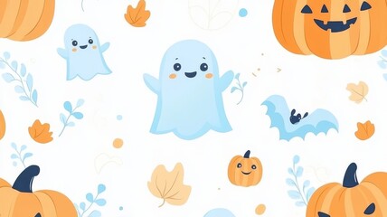 Obraz premium Cute halloween seamless pattern with happy ghosts pumpkins and bats for festive holiday backgrounds and digital art projects.