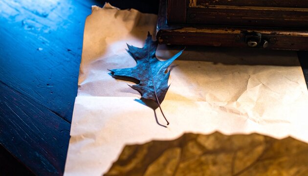 Sharp Shadow of a Single Fallen Oak Leaf on Textured Paper