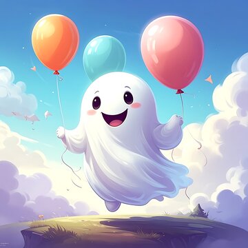 A smiling ghost floats with colorful balloons