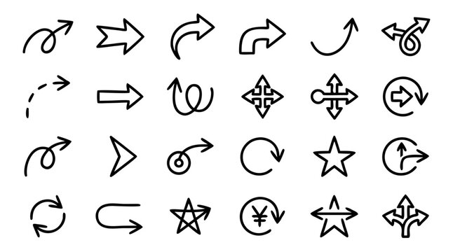 Arrows Hand Drawn Set with Thin Line Doodle Style Showing Rotation, Looping, and Direction Changes Featuring Arrow Icons, Navigation, Routing With