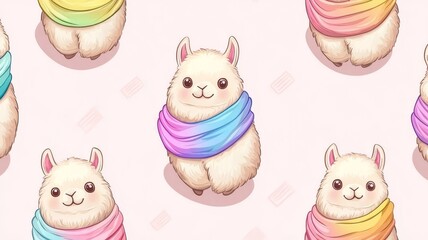 Naklejka premium Seamless pattern of cute fluffy llamas wearing colorful scarves for whimsical nursery decor and fabric design background.