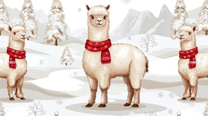 Naklejka premium Cute white llamas wearing red scarves in snowy winter forest landscape illustration design.