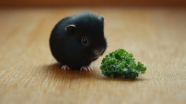 Black Guinea Pig with Kale Exploring a Wooden Surface