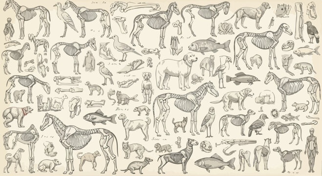 Vintage anatomical animal sketches, antique zoology collection of skeletal and muscular diagrams, retro biological vector illustrations on aged paper