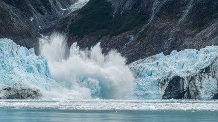 Naklejka premium Glacier calving with immense force generating large water waves