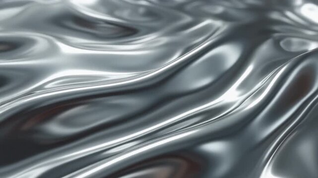 Luxury liquid metal waves with reflective silver texture, flowing chrome surface, futuristic premium background, cinematic lighting, elegant metallic motion, refined branding visual, copy space