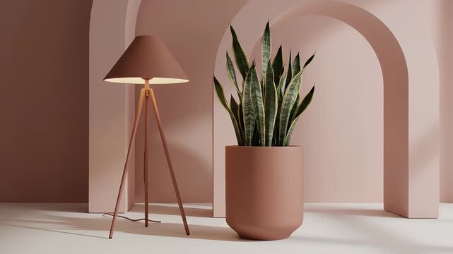 A Minimalist Warm-Toned Interior Scene Featuring a Tripod Floor Lamp and Potted Plant Beside an Arch