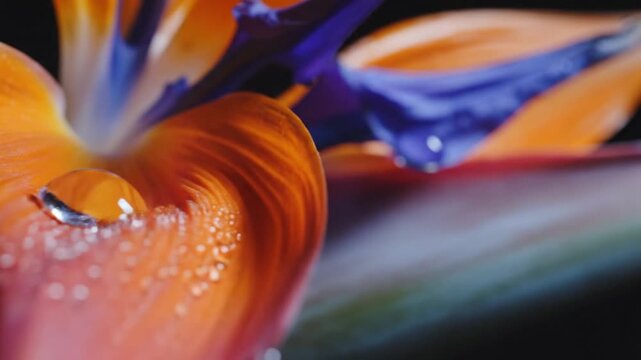 Vibrant bird of paradise flower with water drops close up
