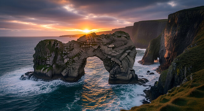 Dramatic coastal arch at sunset